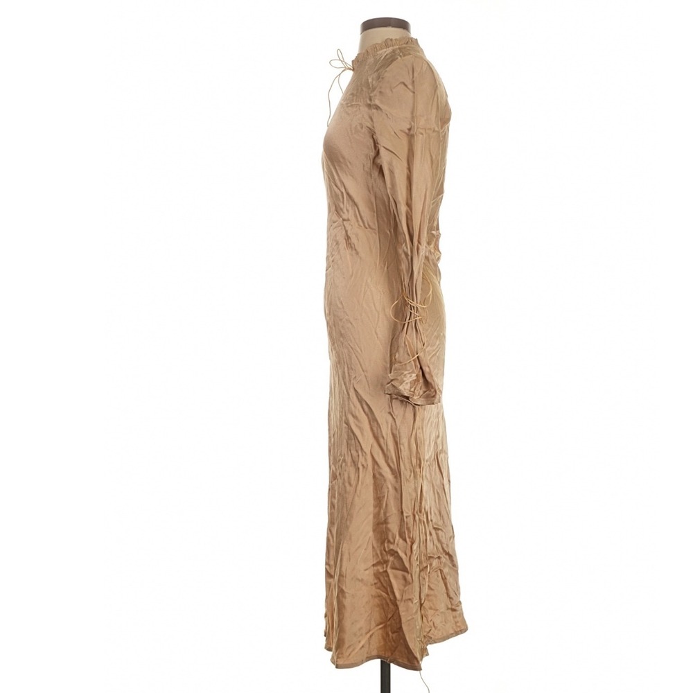 Avanel Couture Tan Satin Midi Dress Ruffle Neck Lace Up Bell Sleeve Small - Picture 6 of 9